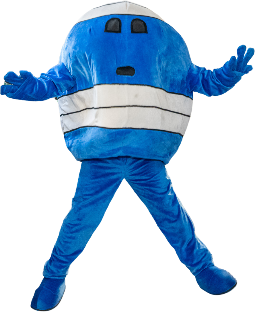 A blue egg-shaped mascot character with its arms out in a ta-da pose.